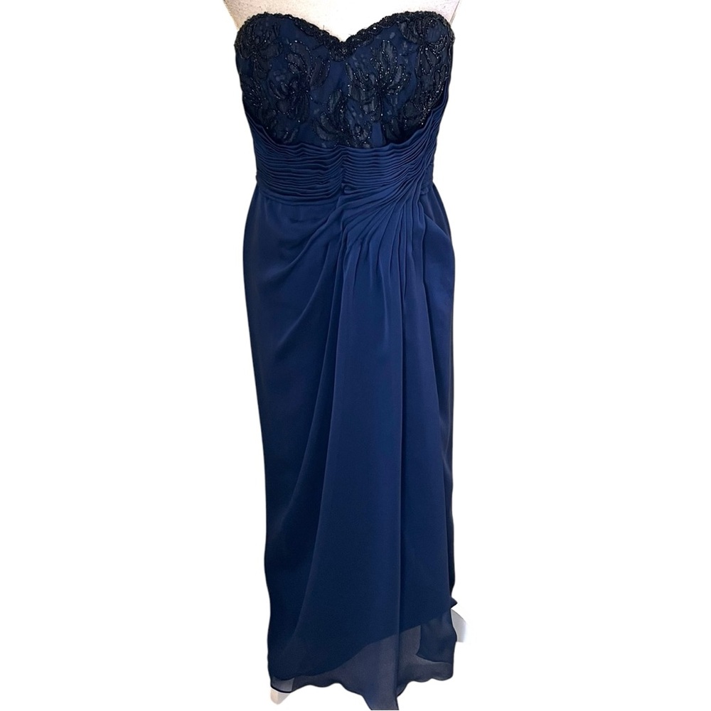 Marjorie Bravo Couture Vintage Navy Blue Beaded/Ruched/ Pleated Strapless Gown